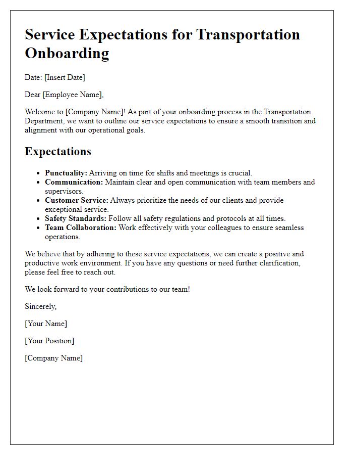 Letter template of service expectations for transportation onboarding process