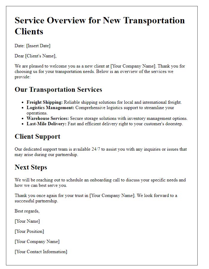 Letter template of service overview for new transportation clients