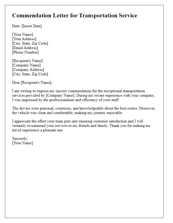 Letter template of transportation service consumer commendation