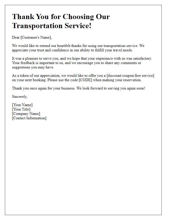 Letter template of transportation service customer thank-you