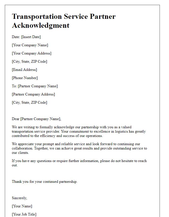 Letter template of transportation service partner acknowledgment