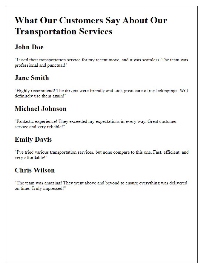 Letter template of transportation service product customer testimonials