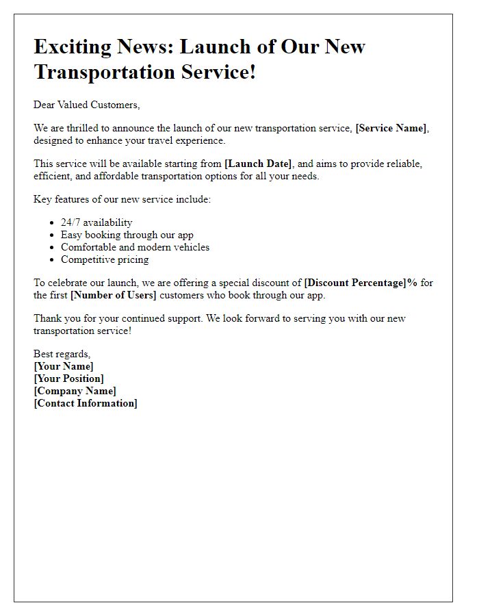 Letter template of transportation service product launch announcement