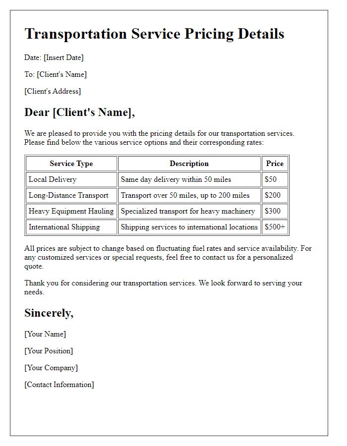 Letter template of transportation service product pricing details