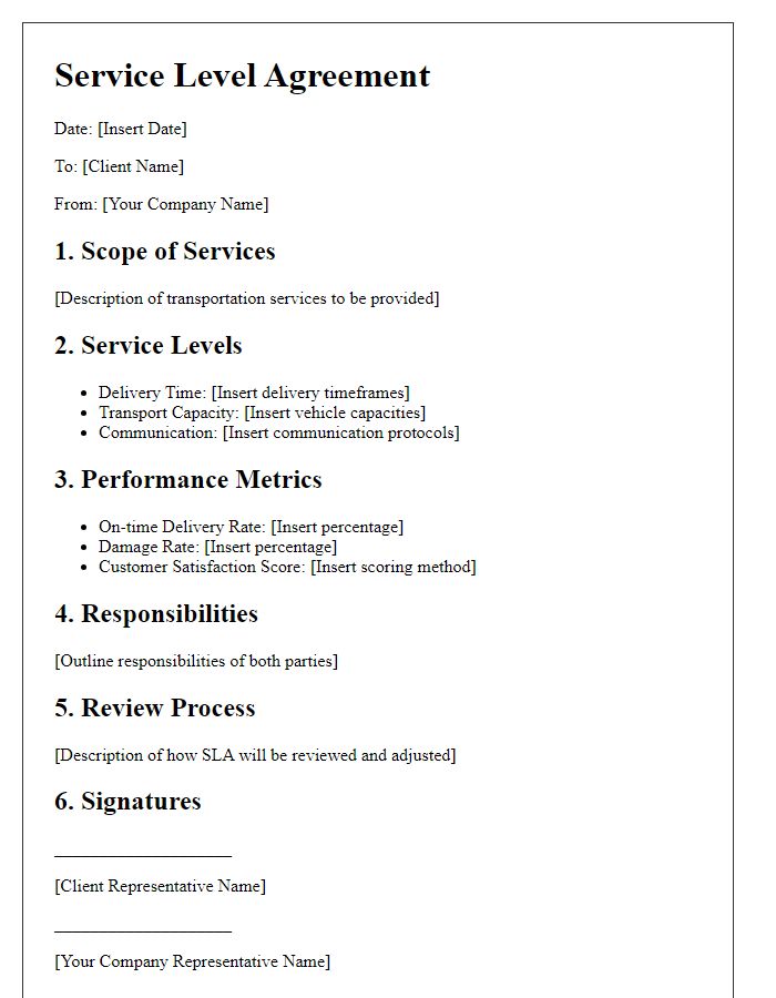 Letter template of transportation service product service level agreements