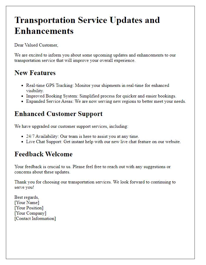 Letter template of transportation service product updates and enhancements