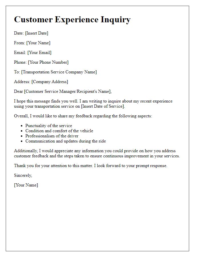 Letter template of transportation service customer experience inquiry