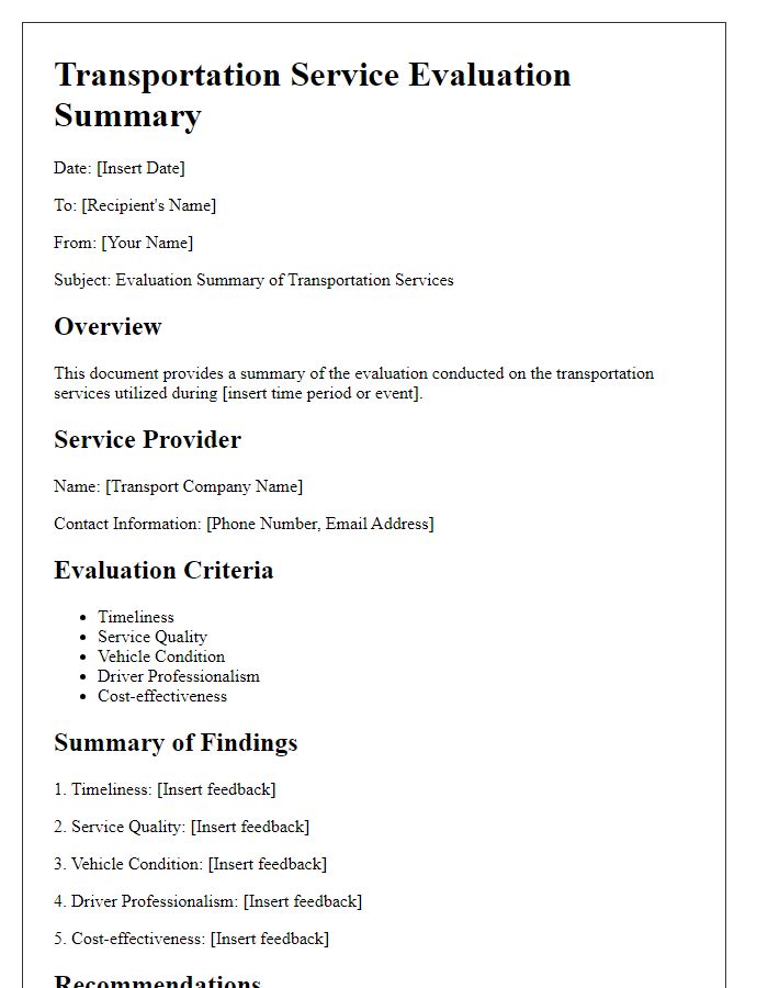 Letter template of transportation service evaluation summary