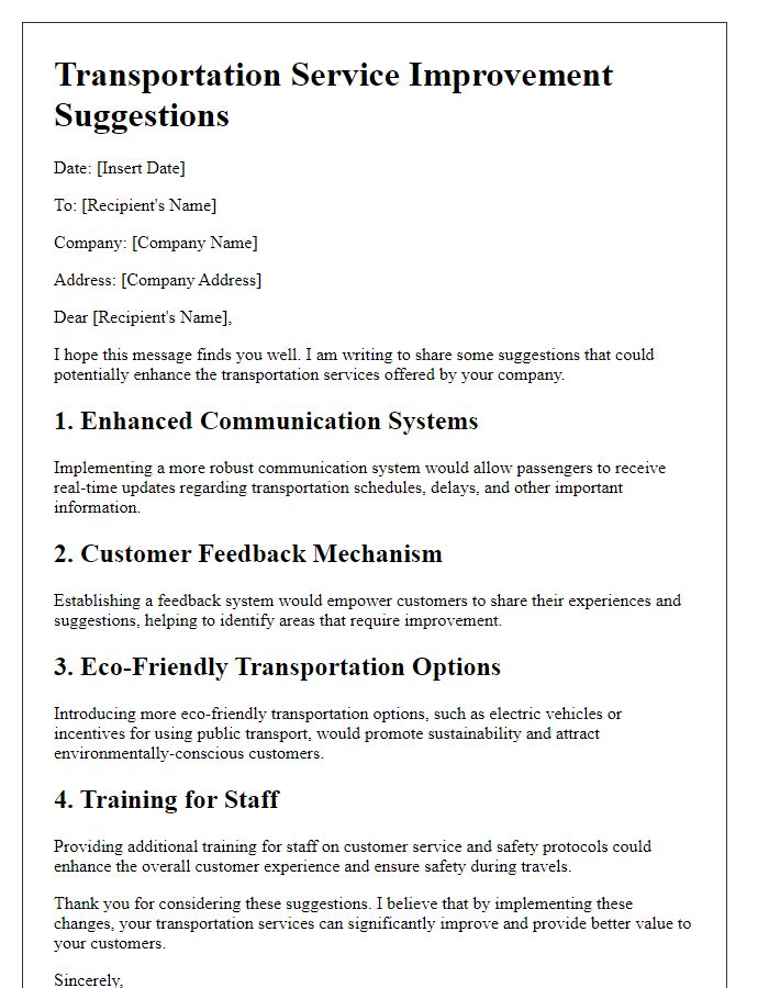 Letter template of transportation service improvement suggestions