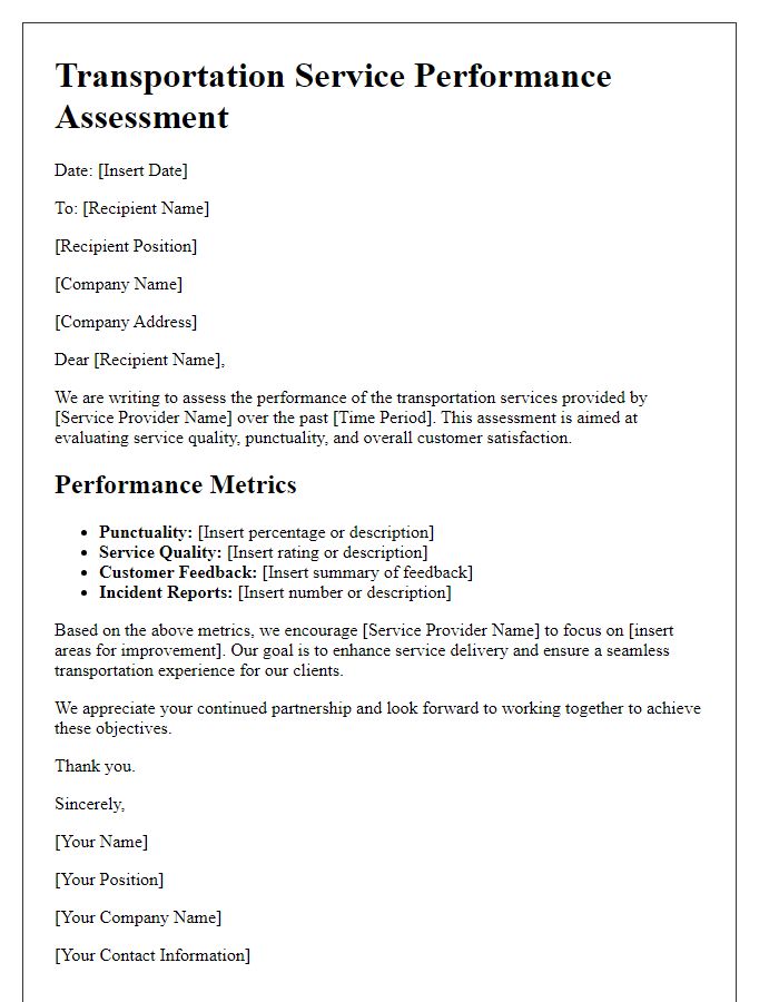 Letter template of transportation service performance assessment