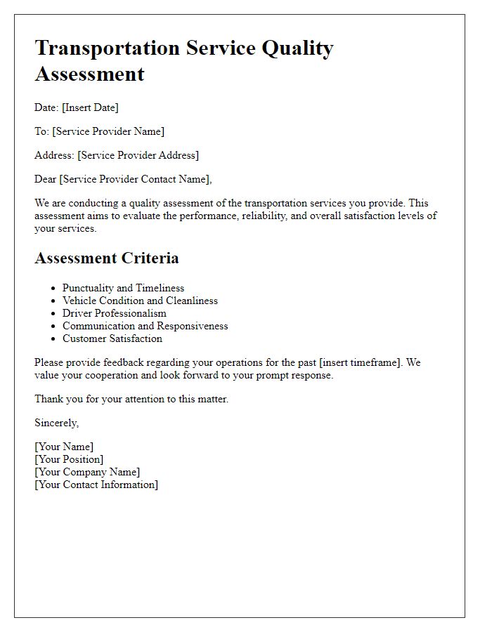 Letter template of transportation service quality assessment