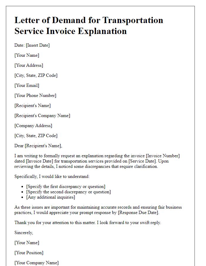 Letter template of Demand for Transportation Service Invoice Explanation