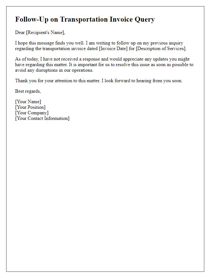 Letter template of Follow-Up on Transportation Invoice Query