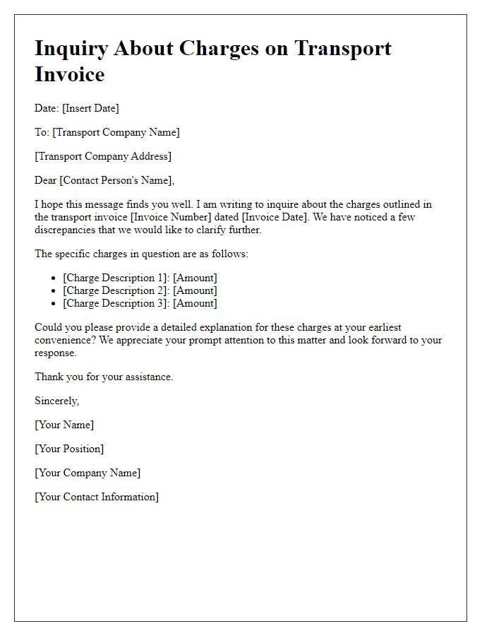 Letter template of Inquiry About Charges on Transport Invoice