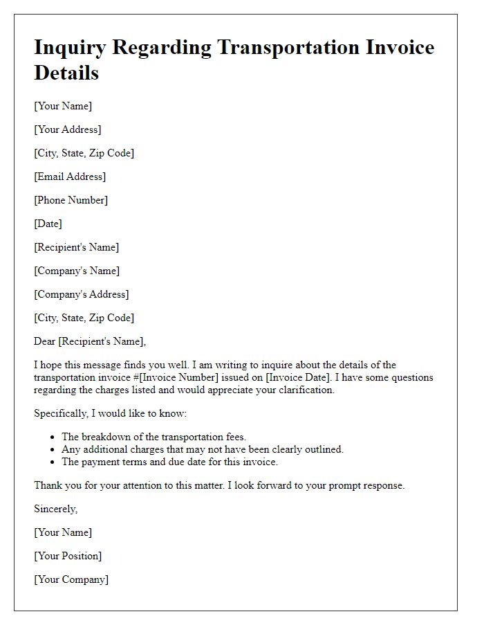 Letter template of Inquiry Regarding Transportation Invoice Details