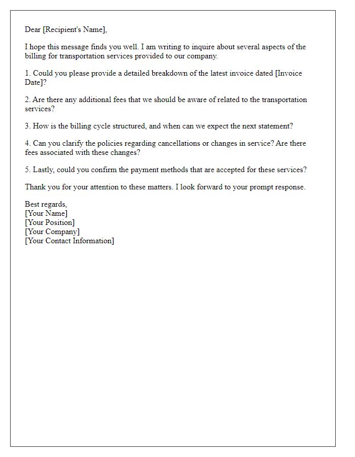 Letter template of Questions About Transportation Service Billing