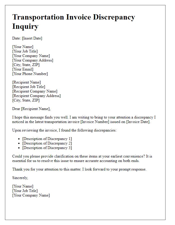 Letter template of Transportation Invoice Discrepancy Inquiry