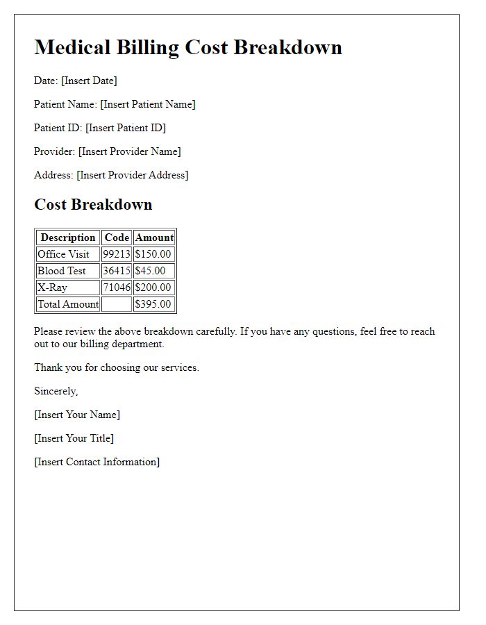 Letter template of medical billing cost breakdown