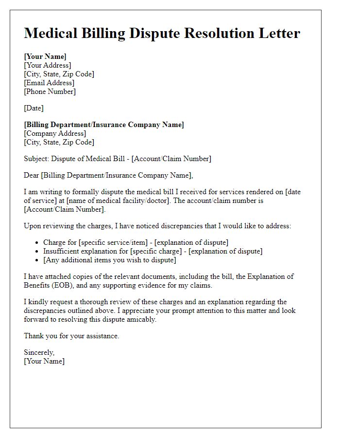 Letter template of medical billing dispute resolution