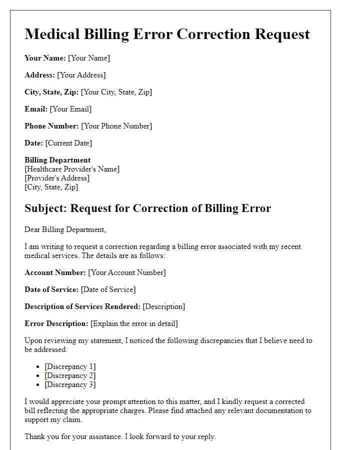 Letter template of medical billing error correction