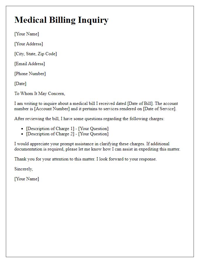 Letter template of medical billing inquiry