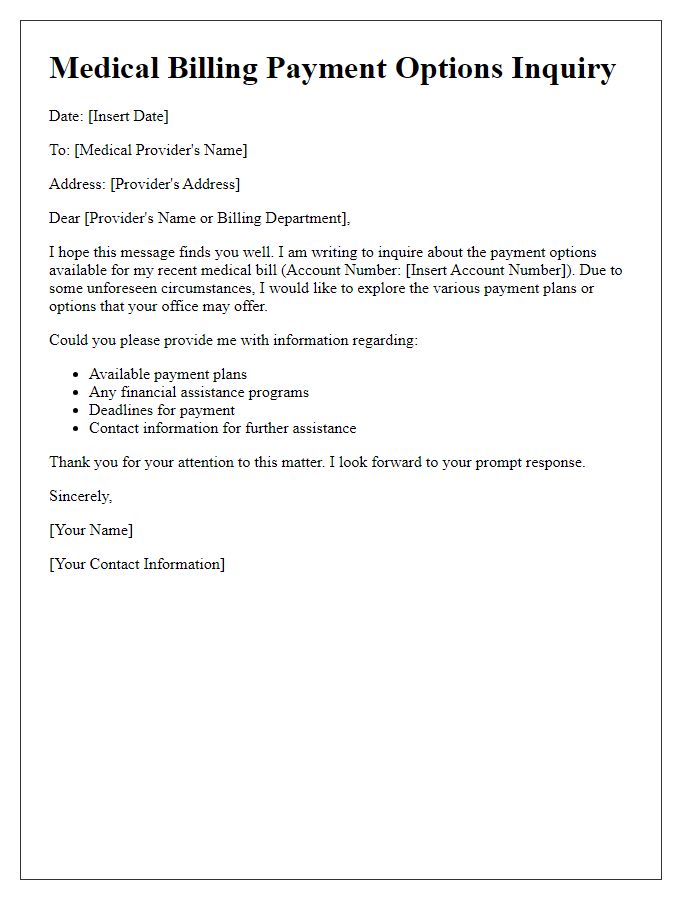 Letter template of medical billing payment options inquiry