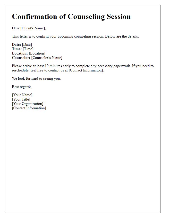 Letter template of confirmation for a counseling session