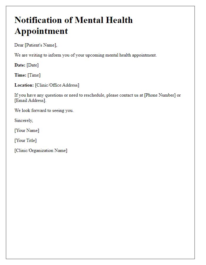 Letter template of notification for mental health appointment