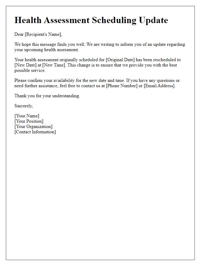 Letter template of health assessment scheduling update