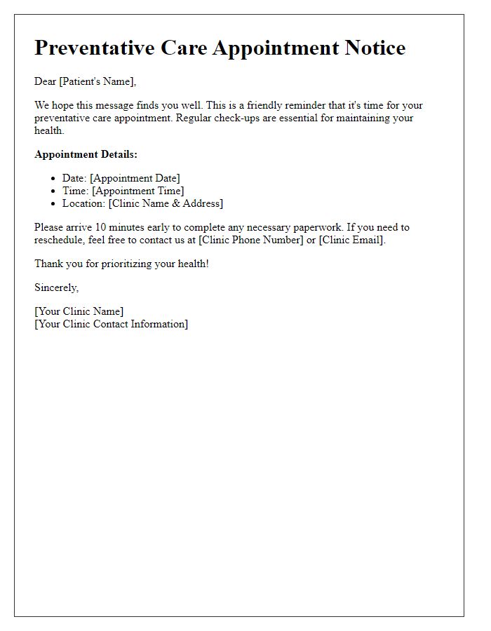 Letter template of preventative care appointment notice