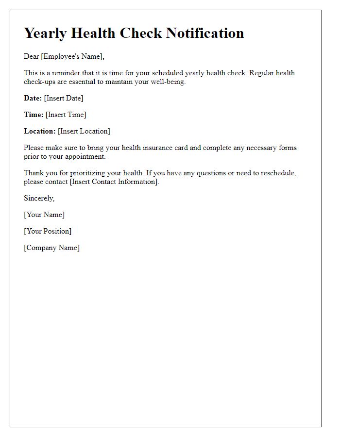 Letter template of scheduled yearly health check notification