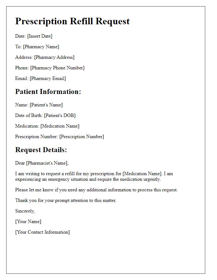 Letter template of prescription refill request for an emergency situation.