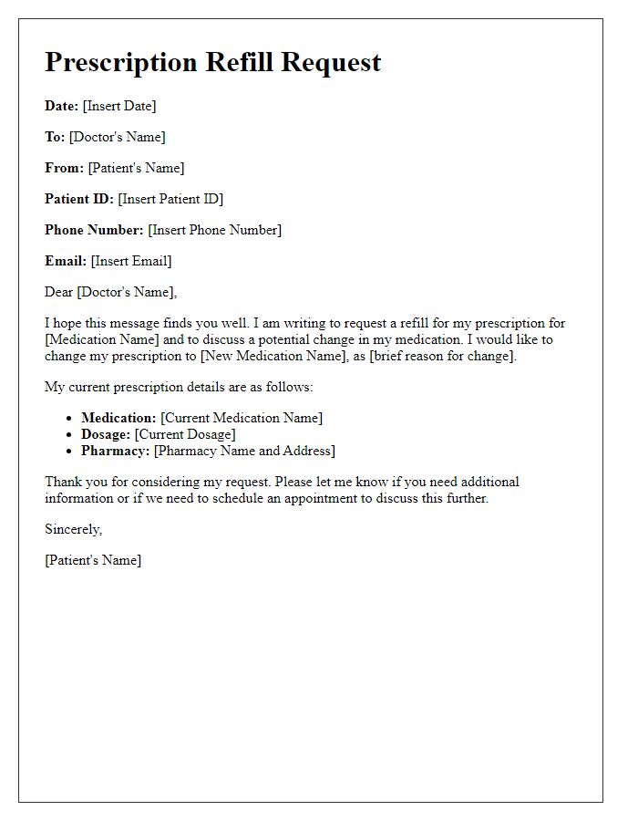 Letter template of prescription refill request for a medication change.