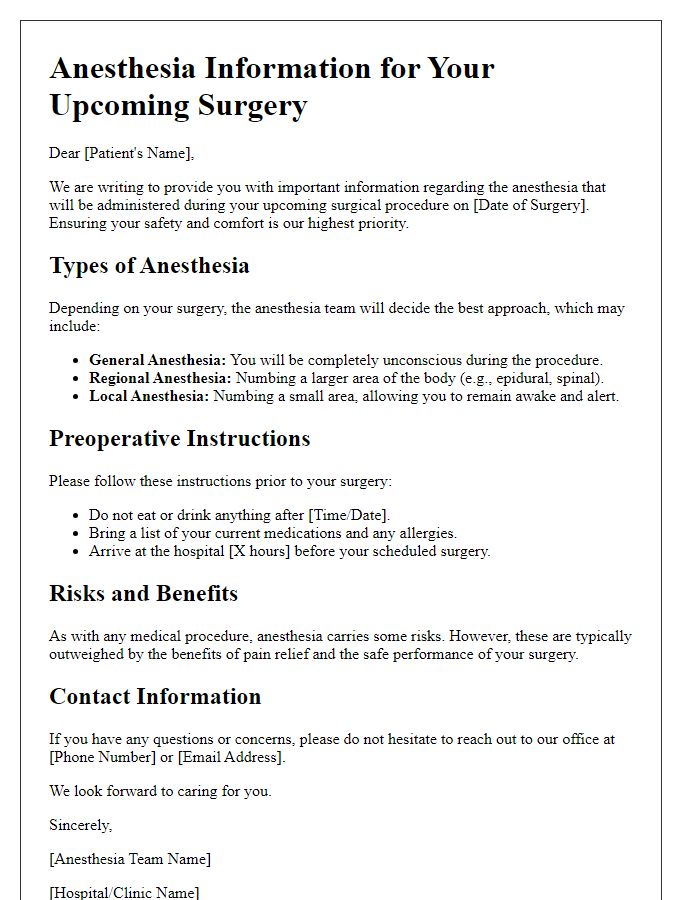 Letter template of anesthesia information for surgery.