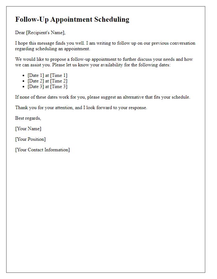 Letter template of follow-up appointment scheduling.