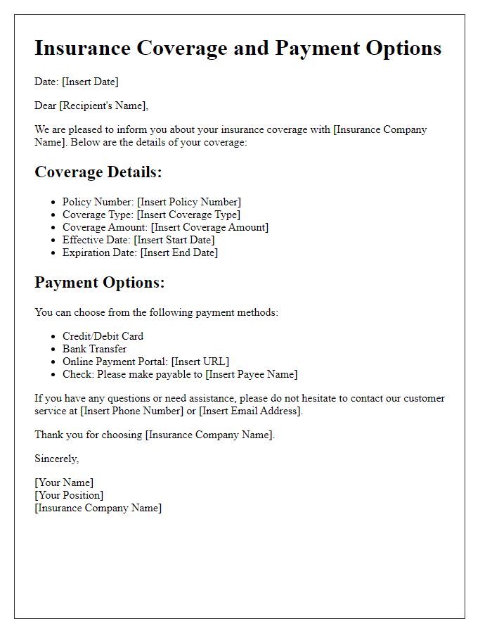 Letter template of insurance coverage and payment options.