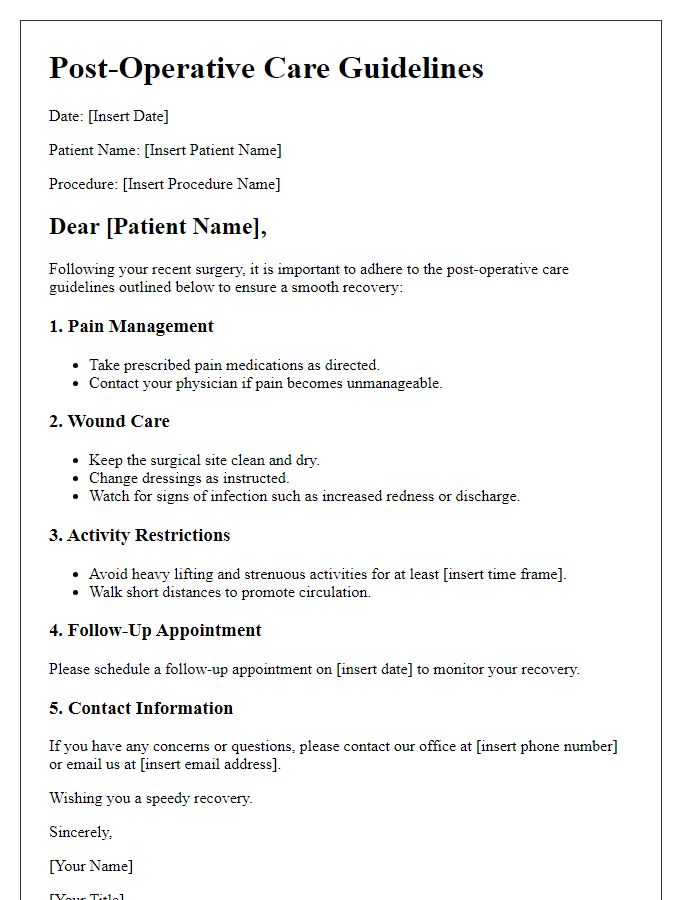 Letter template of post-operative care guidelines.