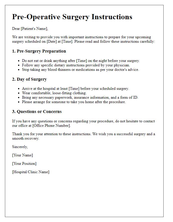 Letter template of pre-operative surgery instructions.