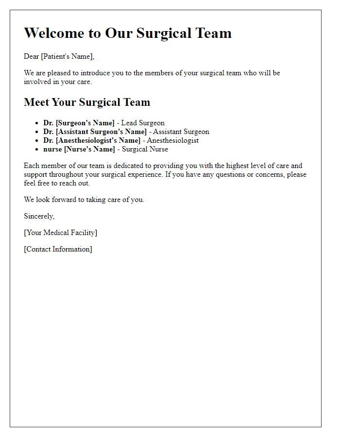 Letter template of surgical team introductions.