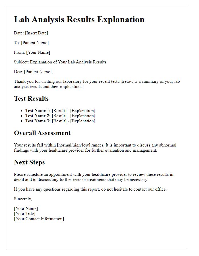 Letter template of lab analysis results explanation.