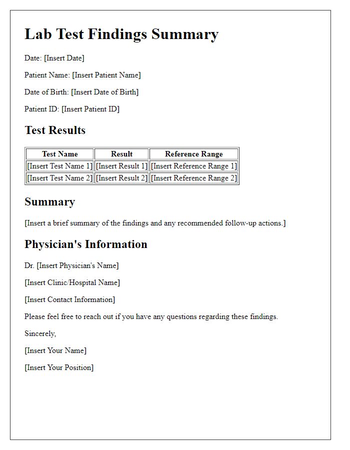 Letter template of lab test findings summary.