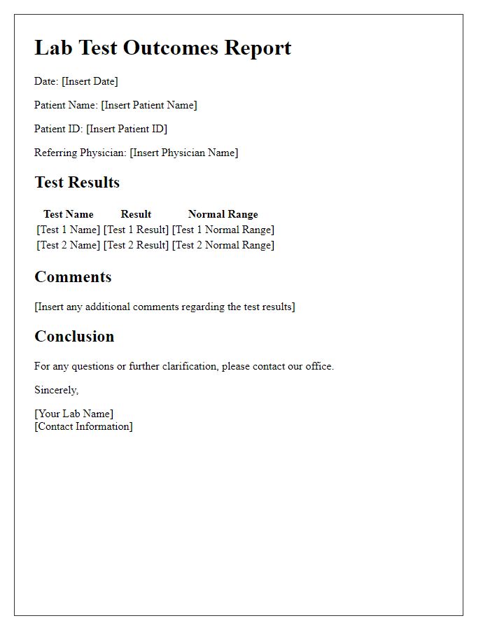 Letter template of lab test outcomes report.