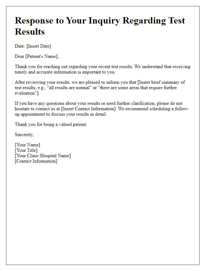 Letter template of patient test results inquiry response.