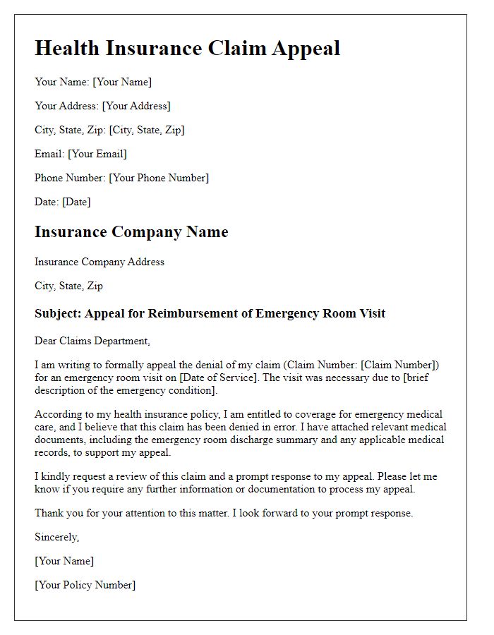 Letter template of health insurance claim appeal for emergency room visit reimbursement.