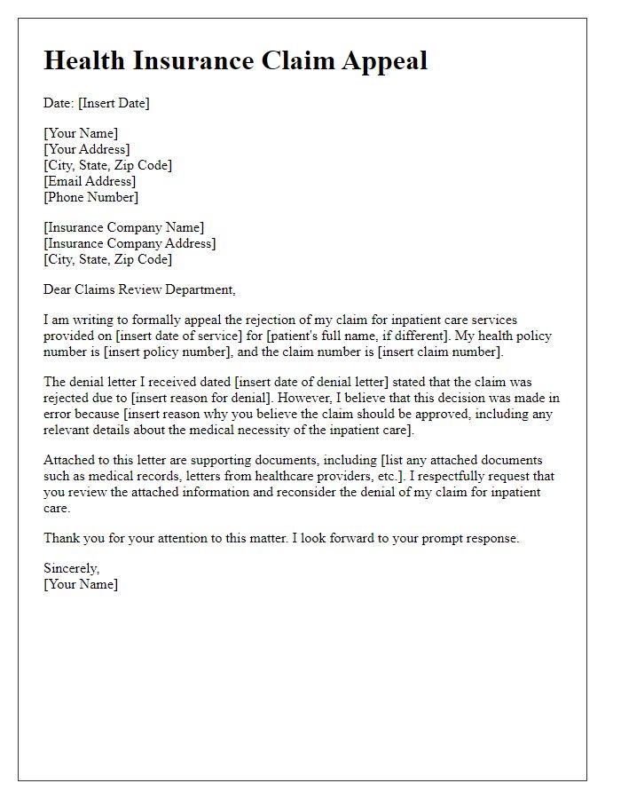 Letter template of health insurance claim appeal for inpatient care rejection.