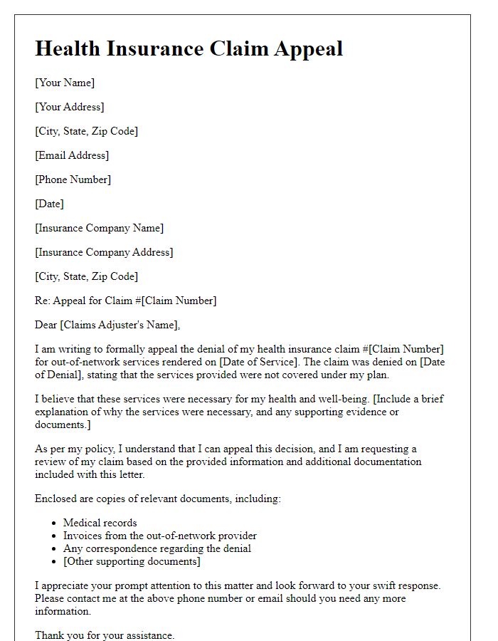 Letter template of health insurance claim appeal for out-of-network services.