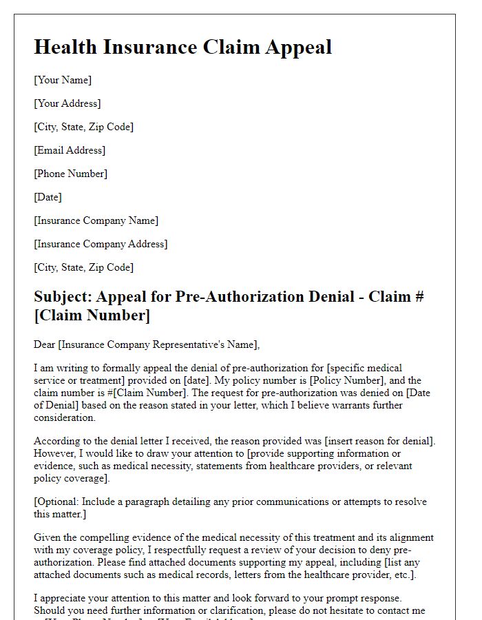 Letter template of health insurance claim appeal for pre-authorization denial.