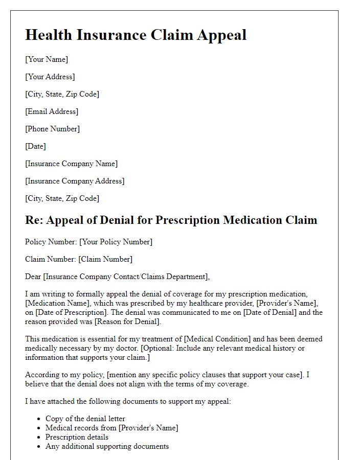 Letter template of health insurance claim appeal for prescription medication denial.