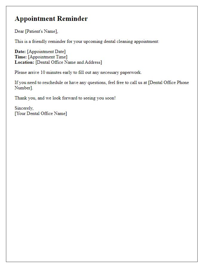 Letter template of dental cleaning appointment reminder