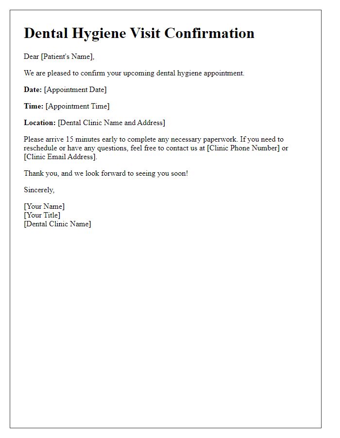 Letter template of dental hygiene visit confirmation